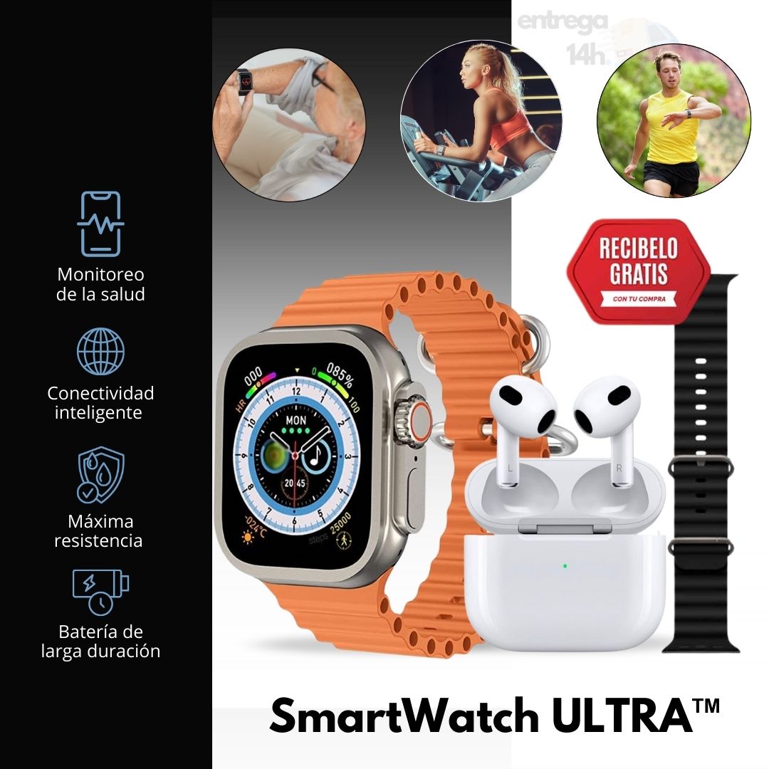 Smartwatch Ultra Pro con 2 correas + Auriculares Inalámbricos 2ª generación