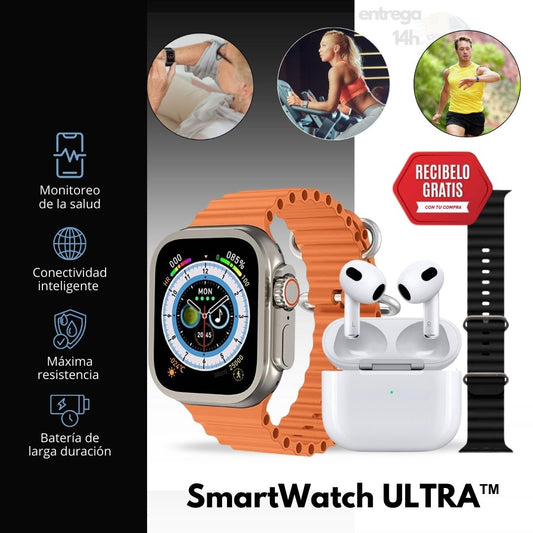 Smartwatch Ultra Pro con 2 correas + Auriculares Inalámbricos 2ª generación